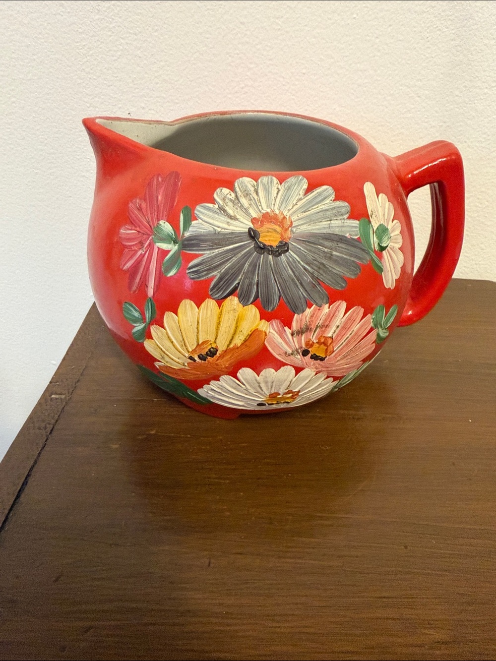 Ransburg Hand-Painted Red Floral Ceramic Pitcher